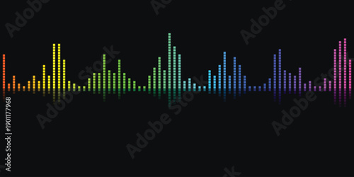 Colorful digital audio waveform equalizer displaying vibrant sound frequencies on a dark background