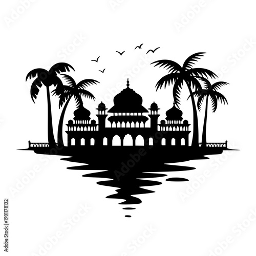 Serene tropical island with majestic palace and palm trees