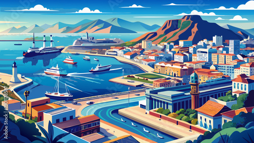 Very beautiful panoramic view of Oran Port along the Mediterranean coastline, featuring harbor infrastructure, blue waters, coastal cityscape, and the maritime identity of Algeria.