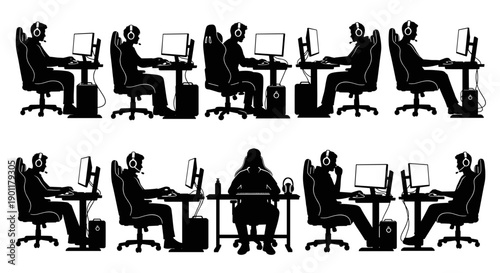 Diverse group of gamers engrossed in online gaming sessions, showcasing individual setups and competitive spirit in a modern digital entertainment era