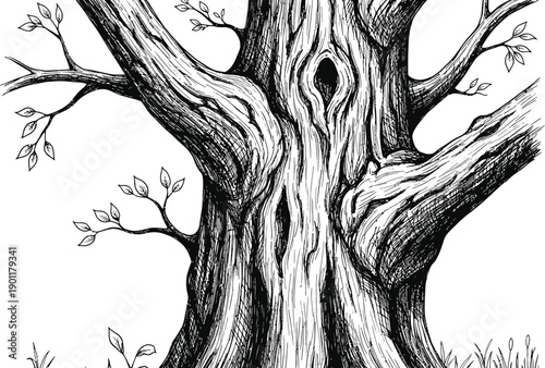 Thick tree trunk shows deep bark texture detail.