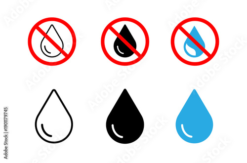 No Oil No Water Icons Set – Liquid Drop Prohibition Symbols