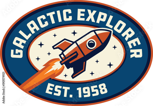 Galactic Explorer Retro Rocket Est. 1958 Vector Logo Badge