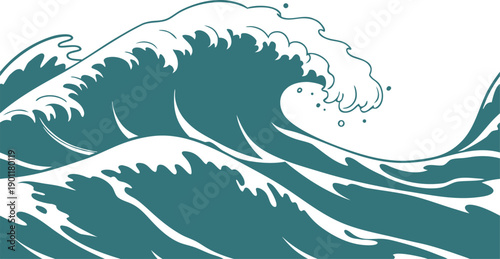 Powerful ocean wave illustration with dynamic motion and stylized curves. Modern marine artwork capturing sea energy, nature force, and coastal spirit. Clean vector design on white background.