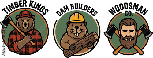 Woodland & Construction Mascots: Bear Logger, Beaver Dam Builder, Woodsman with Axe - Timber Kings, Dam Builders