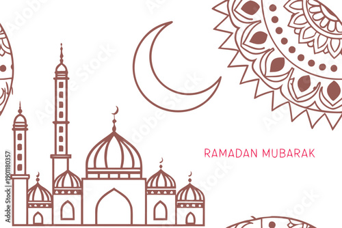 Ramadan Mubarak greeting card with mosque line art and crescent moon. Elegant Islamic mandala decoration on clean white background. Ideal banner design for holy month celebration.