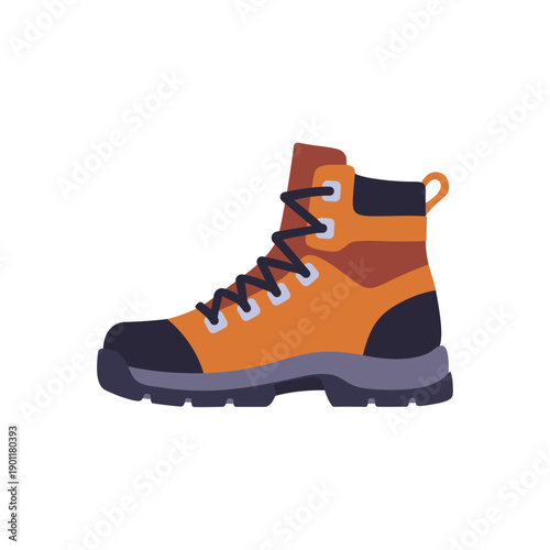 Photos Hiking boot with laces and rugged sole, colorful vector flat style illustration,
