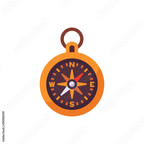 Hiking compass with direction needle and ring, colorful vector flat style illustration, adventure theme
