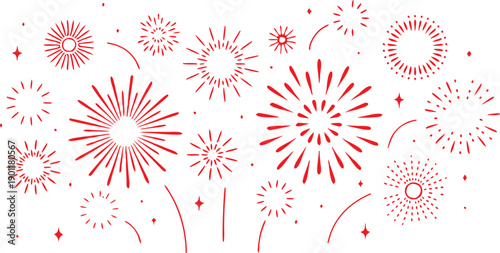 Red Fireworks Burst Vector Illustration Set, Decorative Celebration Firework Shapes Isolated on White, Abstract Festival Explosion Icons Flat Design