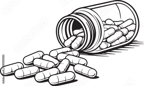 Spilled Capsules from Medicine Bottle – Pharmaceutical Line Art Illustration