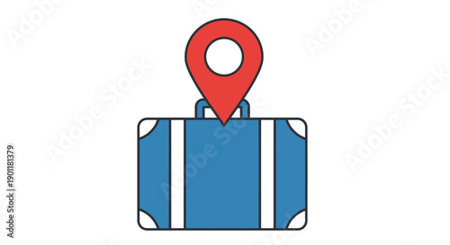 Travel suitcase with a red location pin on top representing journey