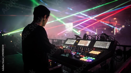 Wallpaper Mural Medium shot of a technician adjusting settings on a complex laser control panel with a hazy fog and multicolored lasers creating an immersive stage environment. Torontodigital.ca