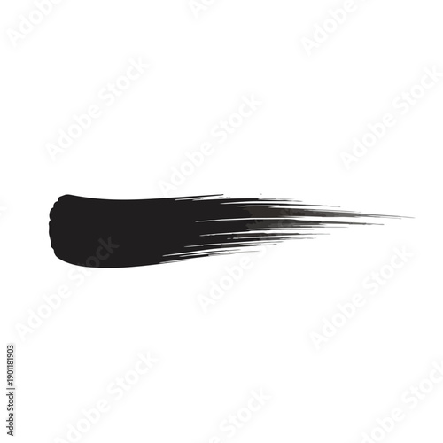 Bold black ink brush stroke with fine wispy streaks extending to the right against a clean white background conveying artistic expression movement and creative energy