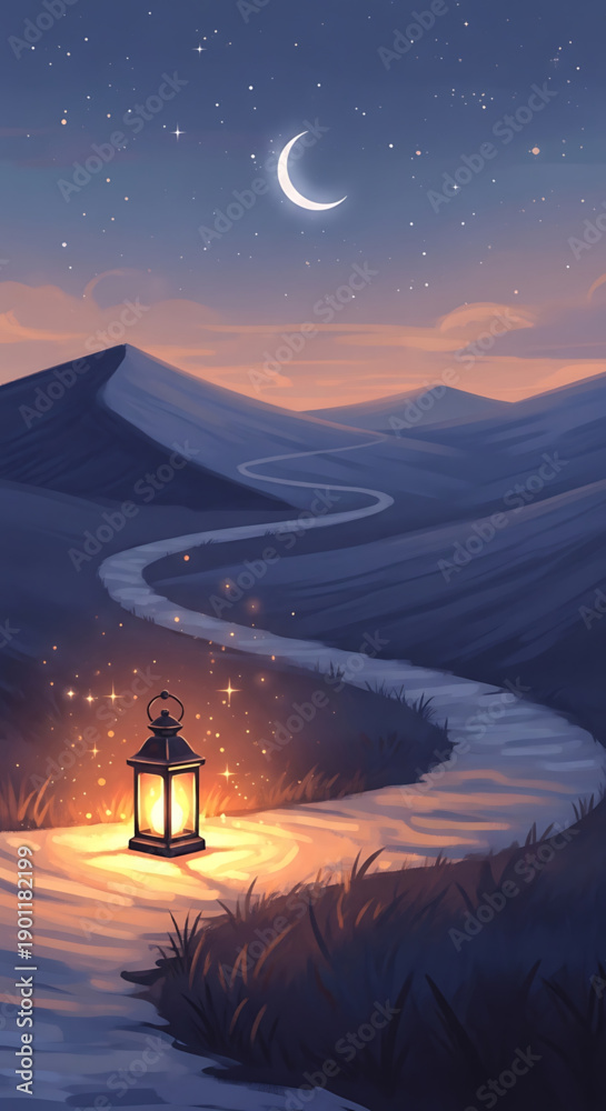 Fototapeta premium A serene and peaceful vector illustration of a lantern on a winding path under a starry night sky with a crescent moon Ramadan