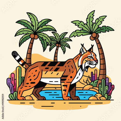 Cartoon Tiger Walking in Tropical Landscape.