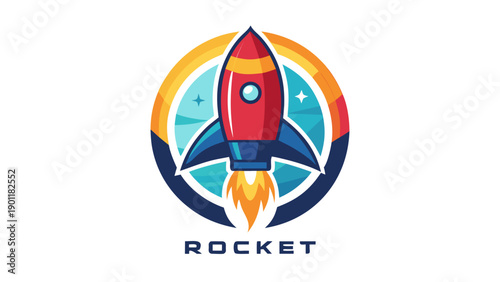 Colorful rocket logo with circular design and the word rocket at the bottom isolated on white background, Vector