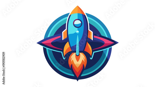 Colorful futuristic rocket ship orbiting a vibrant cosmic planet illustration isolated on white background, Vector