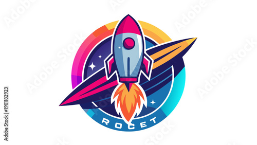 Colorful cosmic rockets and planets in a vibrant circular orbit design isolated on white background, Vector