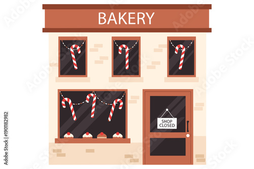 Festive Christmas Bakery Shop Exterior Decorated with Candy Canes and Holiday Lights, Illustrating a Cozy Winter Scene