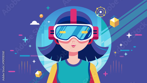 A young girl immersed in a virtual reality gaming experience with futuristic headset isolated on white background, Vector