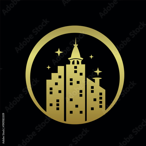 Golden City Skyline Emblem Elegant Urban Silhouette Inside a Circular Frame