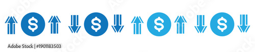 Dollar price icon going up and down, showing growth and decline, currency investment, dollar up and down arrow icon in flat design, business concept, isolated on white background, vector illustration.