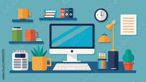 Creative workspace setup featuring modern technology and organization tools isolated on white background, Vector