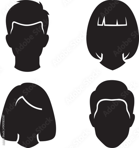 Four silhouettes of people's heads with different hairstyles on white