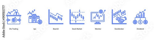 Market Monitoring web banner icon vector illustration featuring OTC Trading, IPO, Bearish, Stock Market, Monitor, Stockbroker, and Dividend.