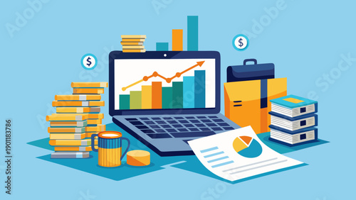 Professional working with digital tools and financial documents for analysis and planning isolated on white background, Vector