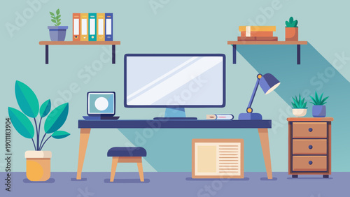 Modern home office workspace with computer and plants for productivity. isolated on white background, Vector