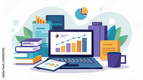 Modern workspace setup showcasing data analytics and digital productivity tools isolated on white background, Vector