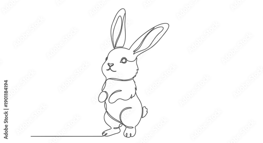 Fototapeta premium Vector illustration of a standing rabbit in one line drawing style, isolated on transparent background, png