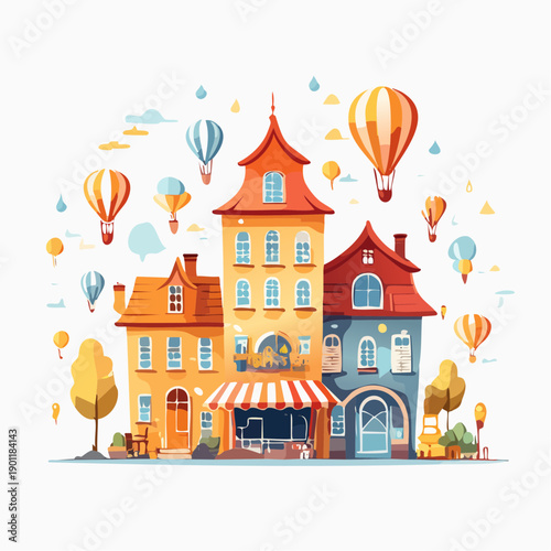 Colorful cartoon buildings with hot air balloons floating above