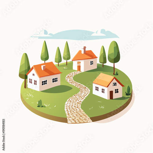 Charming village with houses, trees, and cobblestone path illustration