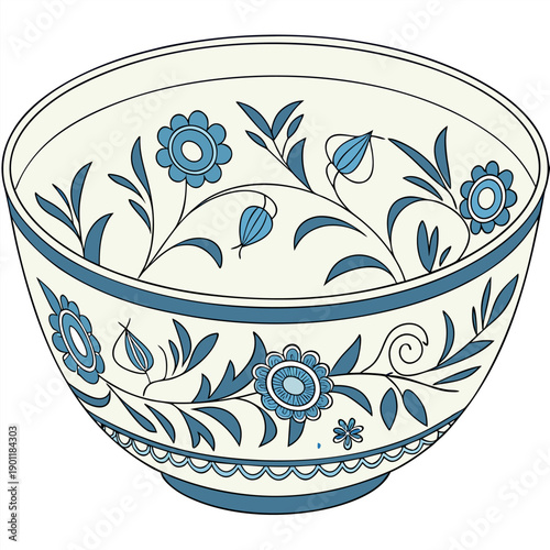 Minimal hand-drawn ceramic bowl with blue floral patterns,