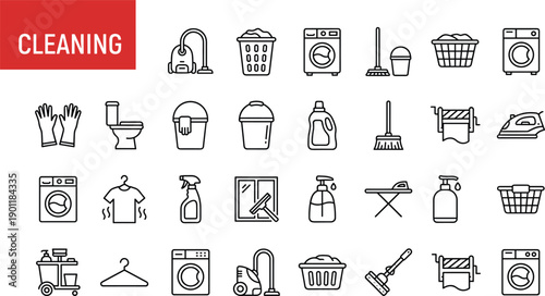 Cleaning line icons set featuring laundry housekeeping equipment washing machines detergents tools for home service web app and ui design
