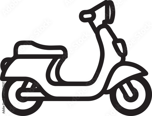 Black and white line art icon representing a classic motor scooter or moped vehicle. isolated on white background, illustration