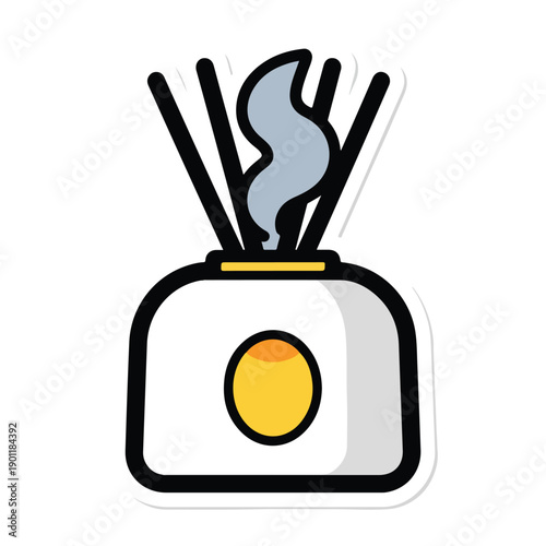 A cartoon illustration of an incense stick burning in a ceramic holder on a white surface from a front viewpoint