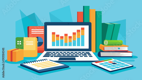 Modern workspace showcasing data analysis and financial planning on a computer. isolated on white background, Vector