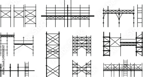 Construction scaffolding structures set showing industrial framework platforms supports ladders for building engineering architecture projects technical illustration design
