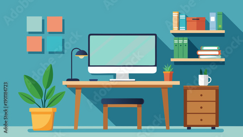 A cozy home office setup with modern decor and essential workspace tools isolated on white background, Vector