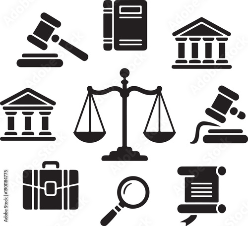 Law icons, justice scale, legal court, hammer judge, lawyer briefcase, government constitution book.