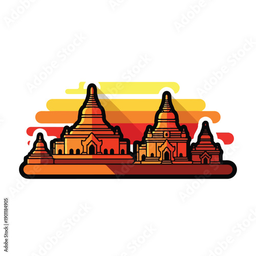 Borobudur Temple complex illustration at sunset with multiple stupas and vibrant colors