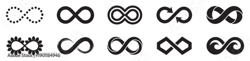 Infinity shape icon. Infinity symbols. Set of infinity icons. Symbols of endless, unlimited, eternal. Vector illustration. EPS 10