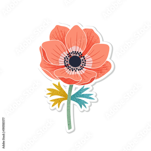 Digital Illustration of a Vibrant Poppy Flower with Colorful Leaves