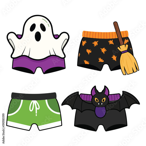 Illustration of cartoon underwear designs featuring ghost, bat, and other Halloween-themed characters
