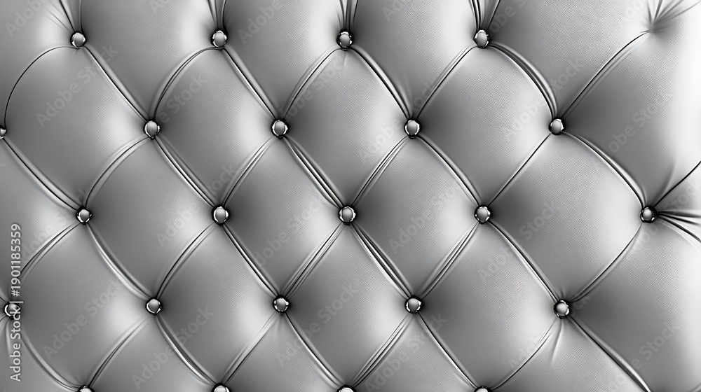 Fototapeta premium Silver leather upholstery showcases a diamond pattern with metal buttons creating a luxurious surface