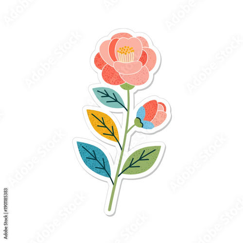 Colorful Digital Illustration of a Vibrant Flower with Multicolored Leaves