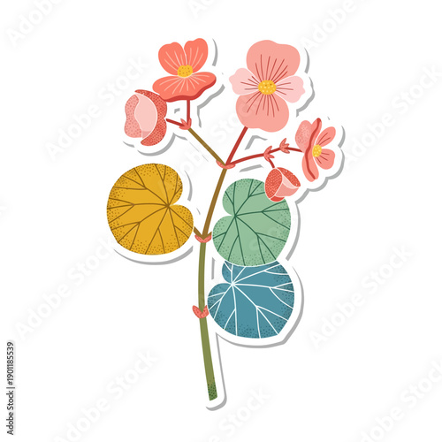 Colorful Digital Illustration of a Vibrant Flower Stem with Blooming Blossoms and Varied Leaf Colors